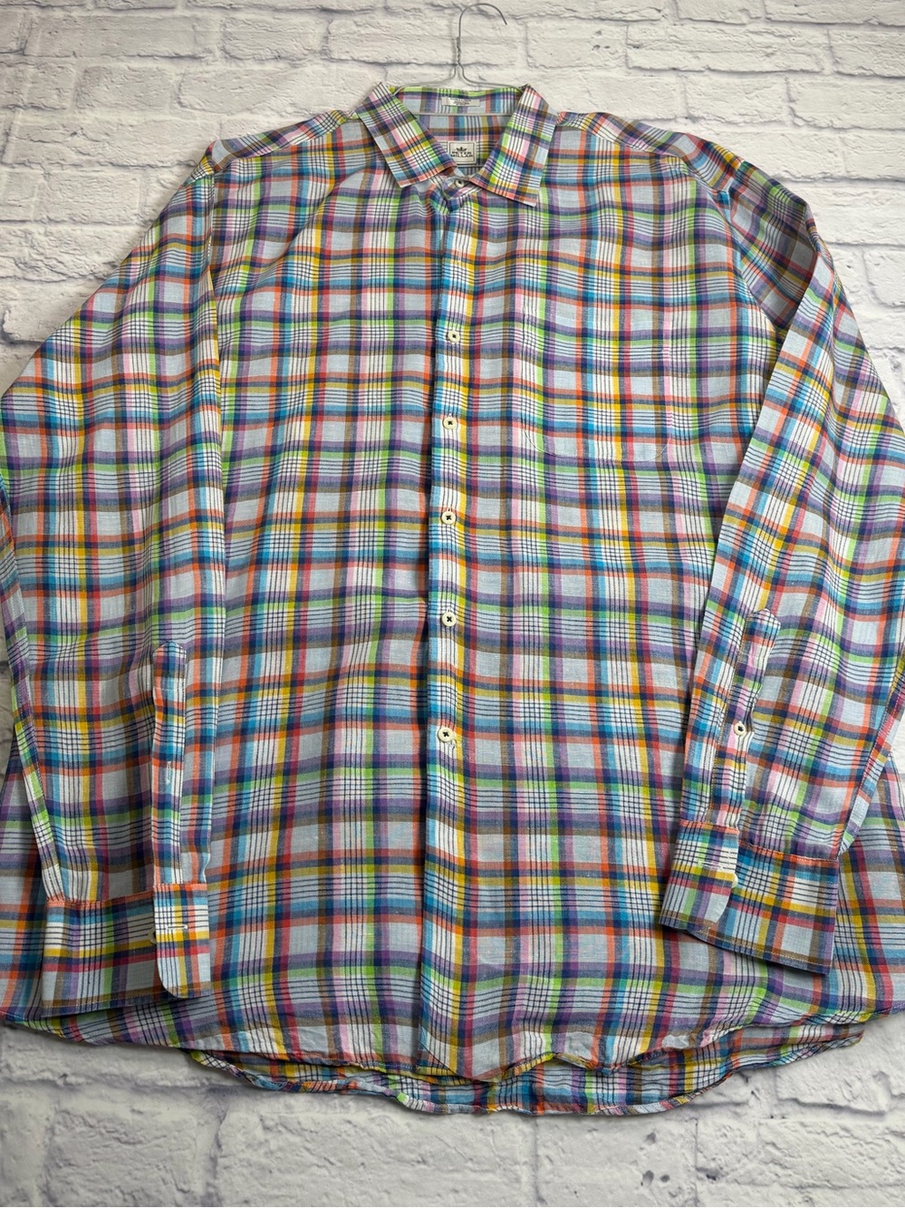 Peter Millar Multicolor Plaid Button-Down Shirt. Size XL. 100% Linen.